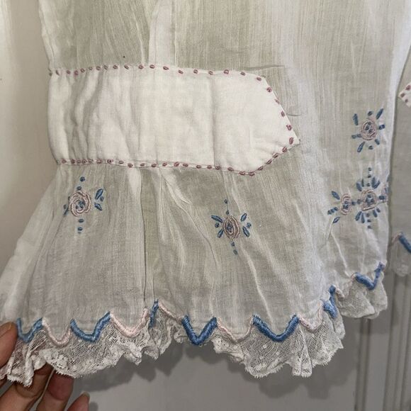 Antique/vintage homemade thin white‎ cotton lawn embroidered short sleeve blouse - Picture 6 of 12